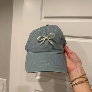 Blue Cap with Pearl Bow Accent